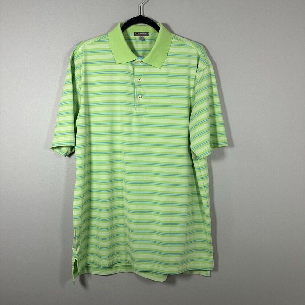 Peter Millar Summer Comfort Large Lime Green Blue Short Sleeve Polo‎ Golf Shirt